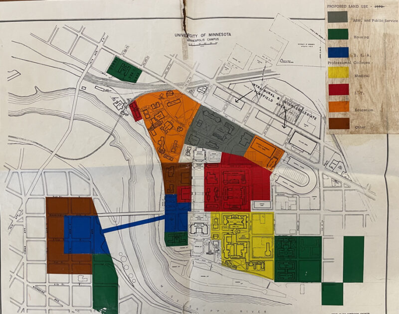 A map of the proposed University of Minnesota with various educational uses highlighted over top of the map.